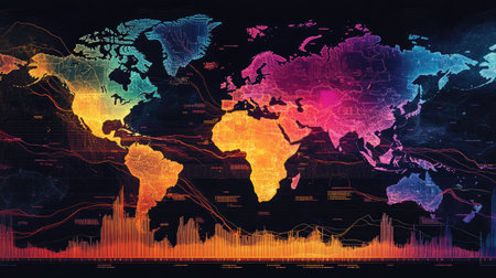 A financial heatmap combined with trend lines, visualizing key sectors' performance during market shifts, and highlighting areas of growth and decline in a global economy.の素材