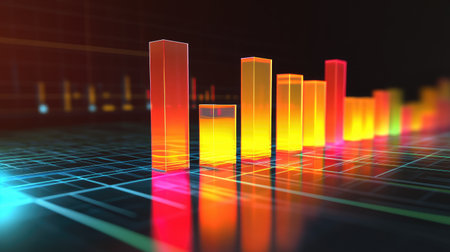 A futuristic D bar chart with glowing, transparent bars representing financial data, rising from a digital grid, showing trends and analytics in a high-tech environment.の素材
