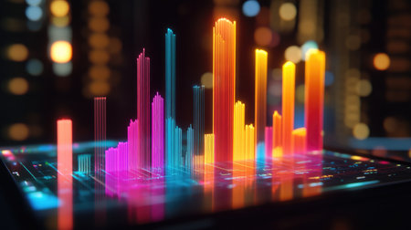 A digital D bar graph emerging from a tablet screen, representing real-time financial data and analytics, with vibrant bars illustrating increasing revenues and performance.の素材