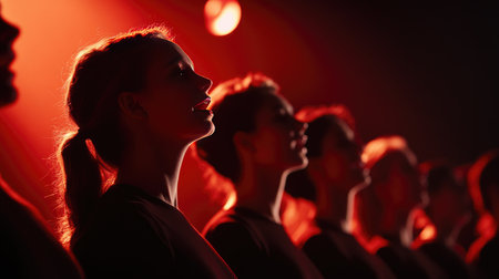 A dynamic shot of a choral group performing a festive song during a holiday concert, decorated with seasonal elements, emphasizing the spirit of celebration through music.の素材
