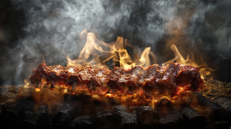 A dynamic image of pork ribs being grilled over an open flame, with smoke rising and the ribs getting a perfect sear, showcasing the grilling process.の素材