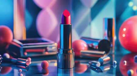 A dynamic image of a lipstick tube with its cap off, revealing a bold color, with a background of scattered makeup products and a stylish vanity setting.の素材