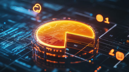 A dynamic D pie chart emerging from a digital interface, representing quarterly earnings distribution, surrounded by floating icons symbolizing various financial metrics, highlighting innovation in finance.の素材