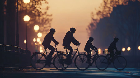 A family of cyclists in silhouette, riding together at twilight, with warm street lights glowing in the background, illustrating the joy of biking as a shared experience.の素材