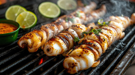 A dynamic shot of grilled squid being served directly from the grill, with steam rising and a side of fresh lime slices and dipping sauces for added flavor.の素材
