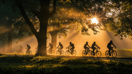 A group of cyclists in silhouette, pedaling through a scenic park at dawn, with trees and soft morning light framing their dynamic motion, symbolizing health and vitality.の素材