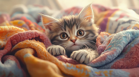 A kitten exploring a pile of soft, colorful blankets, with its tiny paws and playful antics creating an irresistibly cute scene.の素材