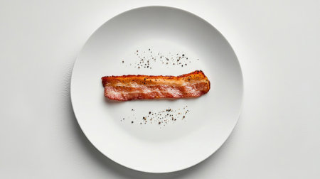 A minimalist composition featuring a single, perfectly cooked slice of bacon lying flat on a white plate, with a sprinkle of black pepper, highlighting its savory appeal.の素材