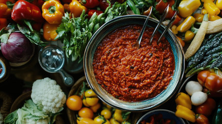 A high-angle view of a family-style meal featuring a large bowl of chili paste surrounded by an array of fresh vegetables, highlighting a shared dining experience.の素材