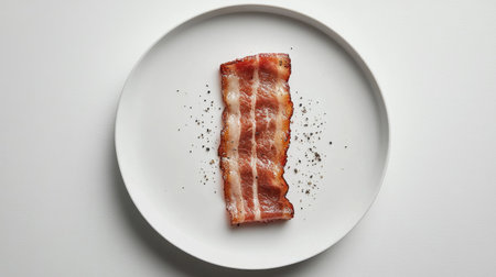 A minimalist composition featuring a single, perfectly cooked slice of bacon lying flat on a white plate, with a sprinkle of black pepper, highlighting its savory appeal.の素材