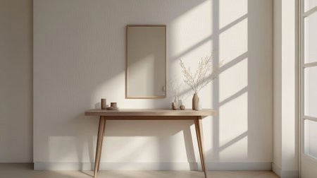 A minimalist entryway with a sleek console table, a simple mirror, and a few essential items, set against a white wall with ample natural light.の素材