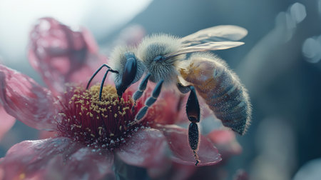 A macro image of a honeybee gathering nectar from a flower, with its fuzzy body and pollen-covered legs sharply in focus, showcasing its essential role in pollination.の素材