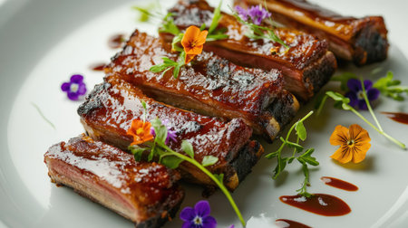 A gourmet presentation of pork ribs on a fine dining plate, garnished with edible flowers and microgreens, showcasing a luxurious take on this classic dish.の素材