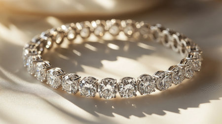 A high-resolution shot of a luxurious diamond bracelet arranged neatly on a white surface, showcasing the gleaming stones and polished metal.の素材