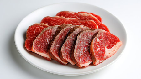 A high-definition image of a steak cut into slices, revealing its juicy interior, arranged neatly on a white plate with a clean, white background.の素材
