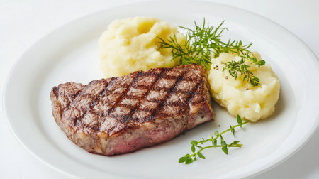A minimalistic presentation of a steak on a white plate, garnished with a small side of mashed potatoes and a few sprigs of green, set against a plain white backdrop.の素材