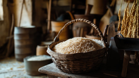 A rustic wooden basket filled with freshly harvested paddy rice, displayed on a farm table, with traditional farming tools in the background, evoking a sense of tradition.の素材