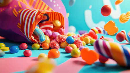 A playful image of an open candy bag spilling  candies onto a vibrant surface, with bright colors and cheerful patterns, creating a fun and inviting visual experience.の素材