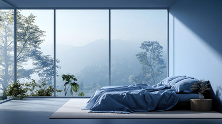 A serene bedroom with a calming color palette of blues and whites, featuring a large window with a view of nature, promoting relaxation and peaceful sleep.の素材