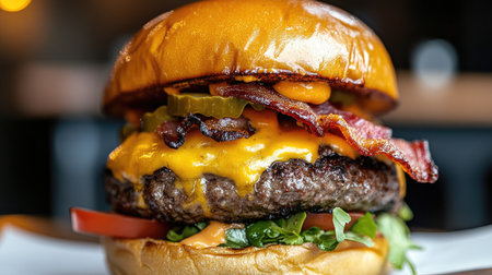A mouthwatering bacon cheeseburger on a white background, highlighting the layers of crispy bacon, melted cheese, and fresh vegetables, appealing to burger lovers.の素材