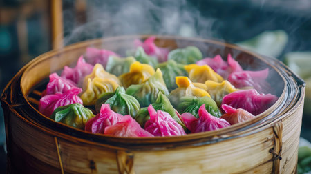 A steaming bamboo basket filled with vibrant dumplings in various colors, including green, pink, and yellow, highlighting the artistry and freshness of handmade dim sum.の素材