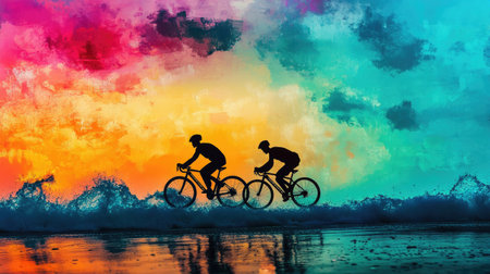 A pair of cyclists in silhouette racing along a beach, with the waves crashing in the background and a colorful sky, illustrating the joy of biking by the sea.の素材
