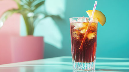 A stylish image of a glass of sparkling soda with a fancy straw and fruit slice, set on a polished table with a minimalistic, modern decor in the background.の素材