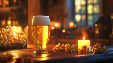 A serene evening setting with a beautifully crafted beer glass placed on a table next to a candle, highlighting the golden hue of the beer and the relaxing ambiance.の素材