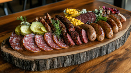 A rustic wooden platter displaying a variety of gourmet sausages, including spicy chorizo, smoked kielbasa, and traditional bratwurst, garnished with mustard and pickles for an enticing presentation.の素材