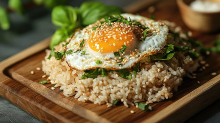 A rustic setting featuring a wooden board with a serving of Thai basil fried rice topped with a fried egg, sprinkled with sesame seeds and fresh herbs for an appealing presentation.の素材
