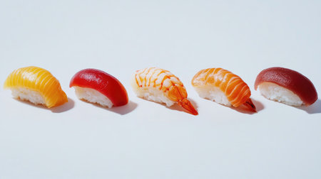 A row of five different sushi nigiri, including shrimp, tuna, salmon, eel, and tamago, set against a white background to emphasize the contrast between the ingredients and the backdrop.の素材