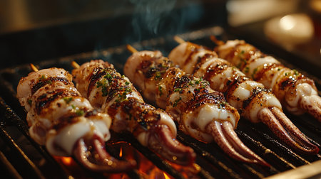 A mouthwatering view of a barbecue setup with skewered grilled squid, showcasing the deliciously charred exterior and juicy interior, ready to be enjoyed.の素材