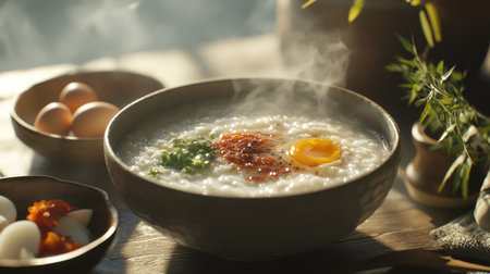 A steamy, comforting bowl of rice porridge on a cold, misty morning, with side dishes of salted eggs, pickled radish, and spicy chili paste completing the scene.の素材