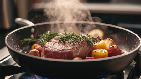 A sizzling hot pan on a stove, filled with vibrant vegetables and juicy meat, steam rising to create an inviting aroma, perfect for showcasing delicious home-cooked meals.の素材
