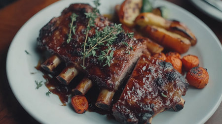 A mouthwatering plate of grilled pork ribs with a sticky, caramelized glaze, garnished with fresh herbs and served alongside roasted vegetables.の素材