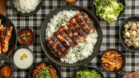 A top-down shot of a picnic spread featuring grilled squid alongside various sides like rice, salad, and dipping sauces, set on a checkered tablecloth.の素材