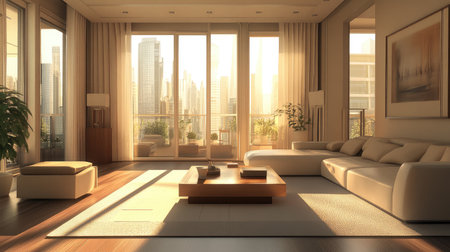 A serene minimalist living room featuring a light color palette, simple furniture, and large windows allowing natural light to flood the space, creating a calm atmosphere.の素材