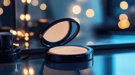 A stylish close-up of a powder puff and compact powder on a modern, sleek makeup table, with subtle lighting that highlights the texture and quality of the products.の素材