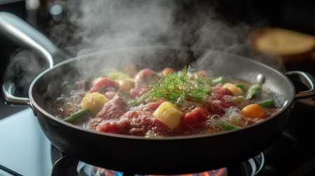 A sizzling hot pan on a stove, filled with vibrant vegetables and juicy meat, steam rising to create an inviting aroma, perfect for showcasing delicious home-cooked meals.の素材