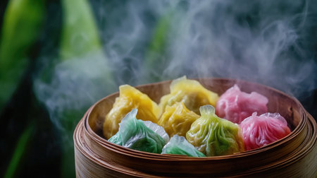 A steaming bamboo basket filled with vibrant dumplings in various colors, including green, pink, and yellow, highlighting the artistry and freshness of handmade dim sum.の素材