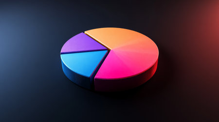 A vibrant pie chart illustration showcasing distinct segments in orange, purple, blue, and pink, ideal for presentations and data analysis projects.の素材