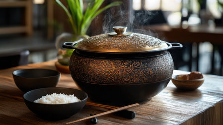 A steaming pot of rice on a wooden table, with chopsticks and a bowl nearby, showcasing traditional Asian dining culture and the importance of rice in meals.の素材
