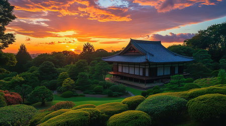 A stunning sunset view of a Japanese house with a traditional roof, silhouetted against the vibrant sky, surrounded by a beautifully manicured garden.の素材