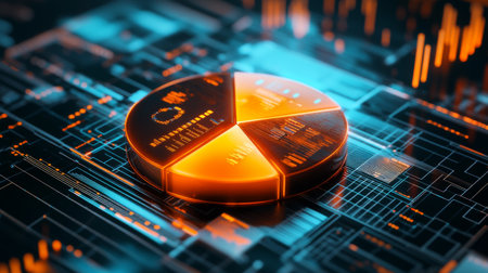 This image showcases a futuristic data visualization featuring a glowing orange pie chart against a vibrant blue digital background, symbolizing analytics and technology.の素材
