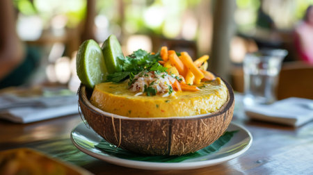 A vibrant coconut bowl filled with creamy dish, topped with fresh lime, cilantro, and carrots, perfect for a healthy meal or snack in a tropical setting.の素材