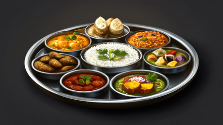 A beautifully plated thali with various Indian dishes, including curries, rice, and sweets, arranged on a stainless steel platter, showcasing the diversity of flavors and textures.の素材