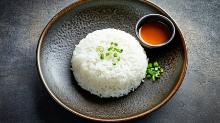 A beautifully arranged bowl of white rice topped with chopped green onions, served with a small dish of soy sauce. Perfect for Asian cuisine lovers.の素材