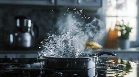 A close-up of a pot with water at a rolling boil, with the steam creating a hazy effect and the surrounding kitchen counter slightly blurred.の素材
