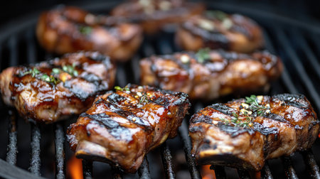 A close-up of succulent pork ribs sizzling on the grill, with a glossy barbecue sauce and a hint of charred edges, highlighting the juicy texture.の素材