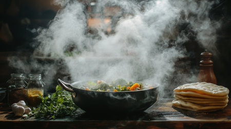 A vibrant cooking scene featuring steamed vegetables and fresh herbs in a rustic kitchen. Perfect for food lovers or culinary enthusiasts looking for inspiration.の素材